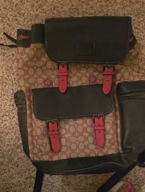 Coach Men's Signature Canvas Backpack with Dark Green and Red Trim